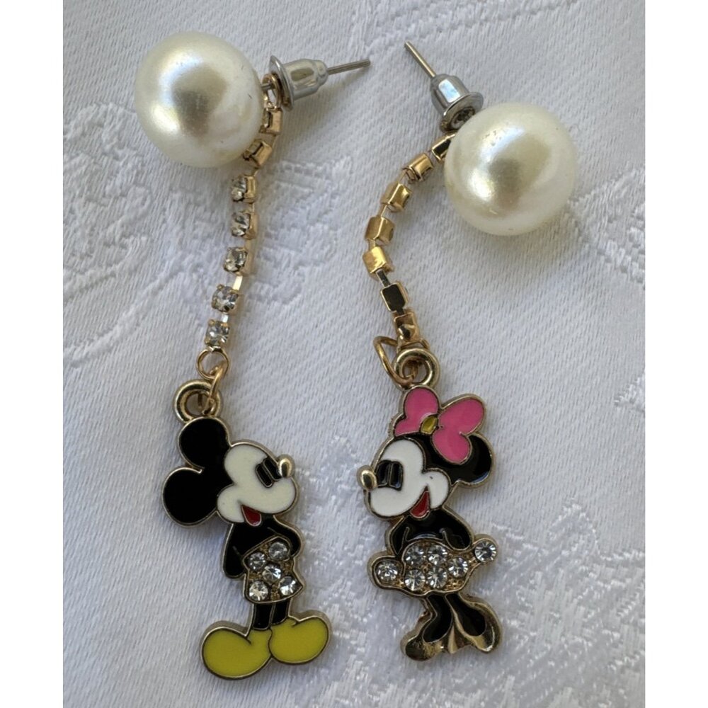 Micky Minnie Mouse Pearl CZ Enamel Drop Earrings Dangle 2.5" Colorful Fun Chic